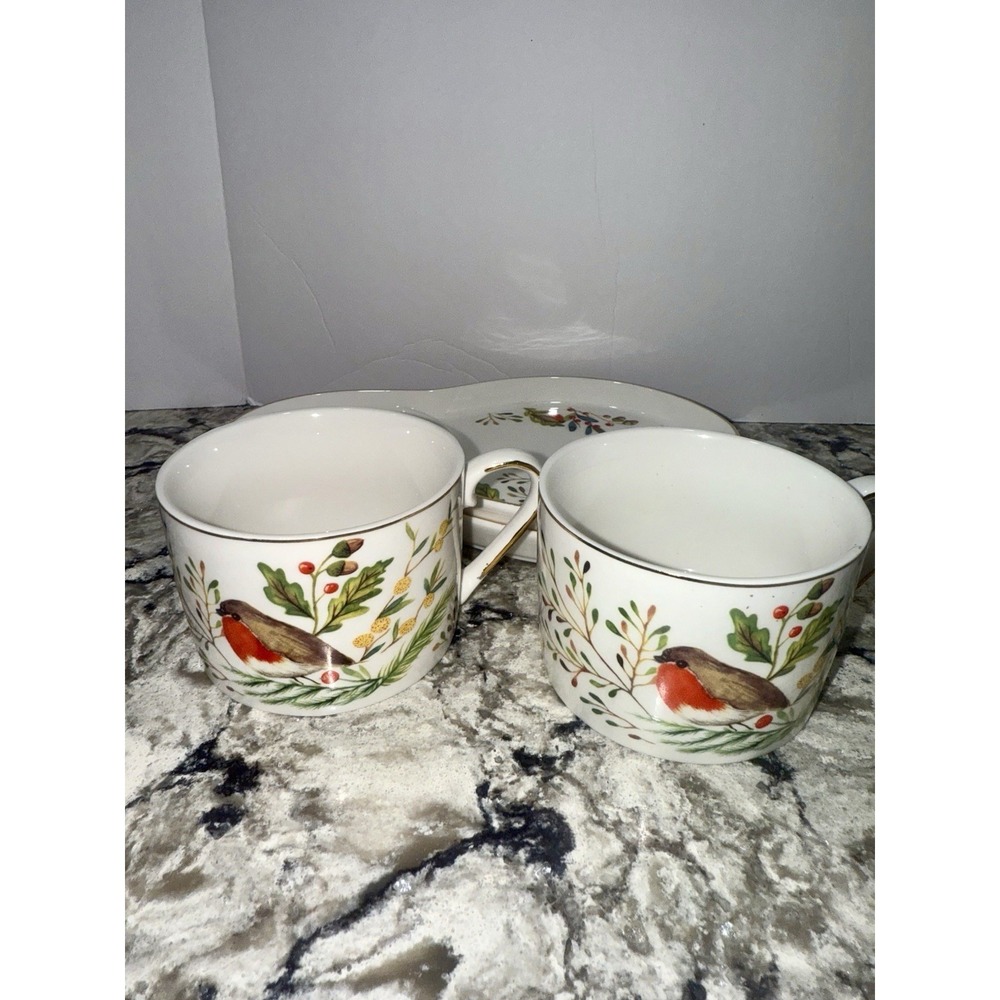 2 Grace Teaware Christmas Fine China Teacup & Matching Tray Robin & Holly Print